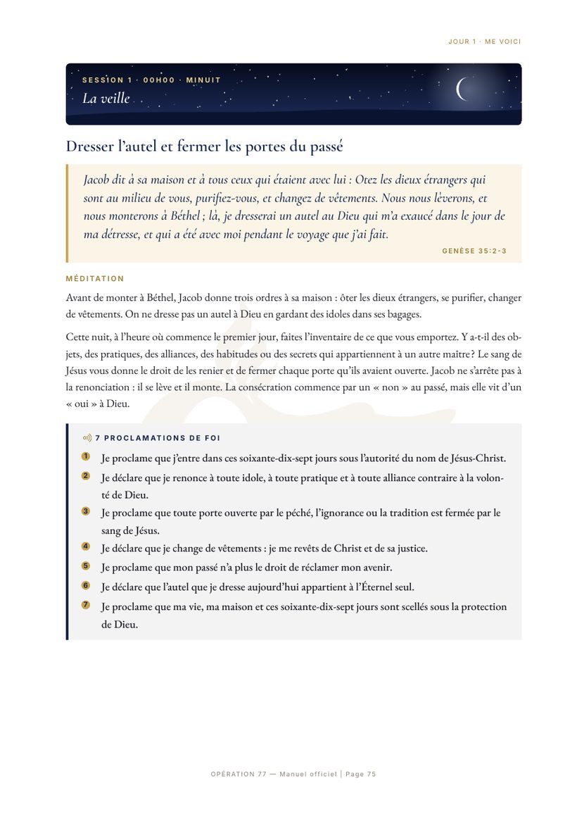 Page 75 du manuel : session de minuit du Jour 1