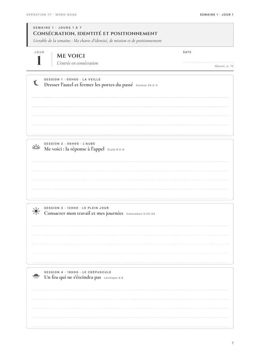 Page du Work-Book : les quatre sessions du Jour 1